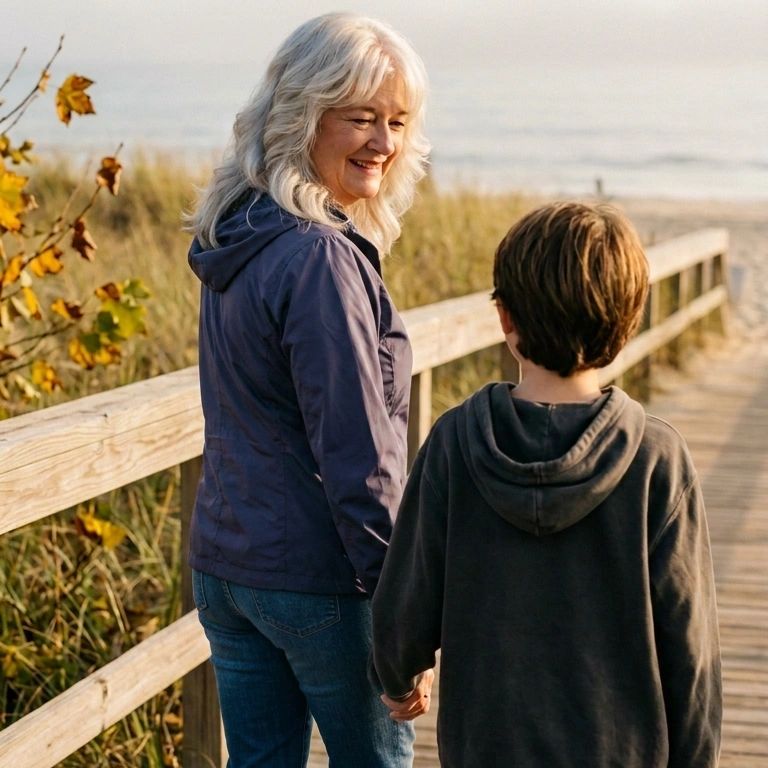 Grandmother and grandson together on a boardwalk