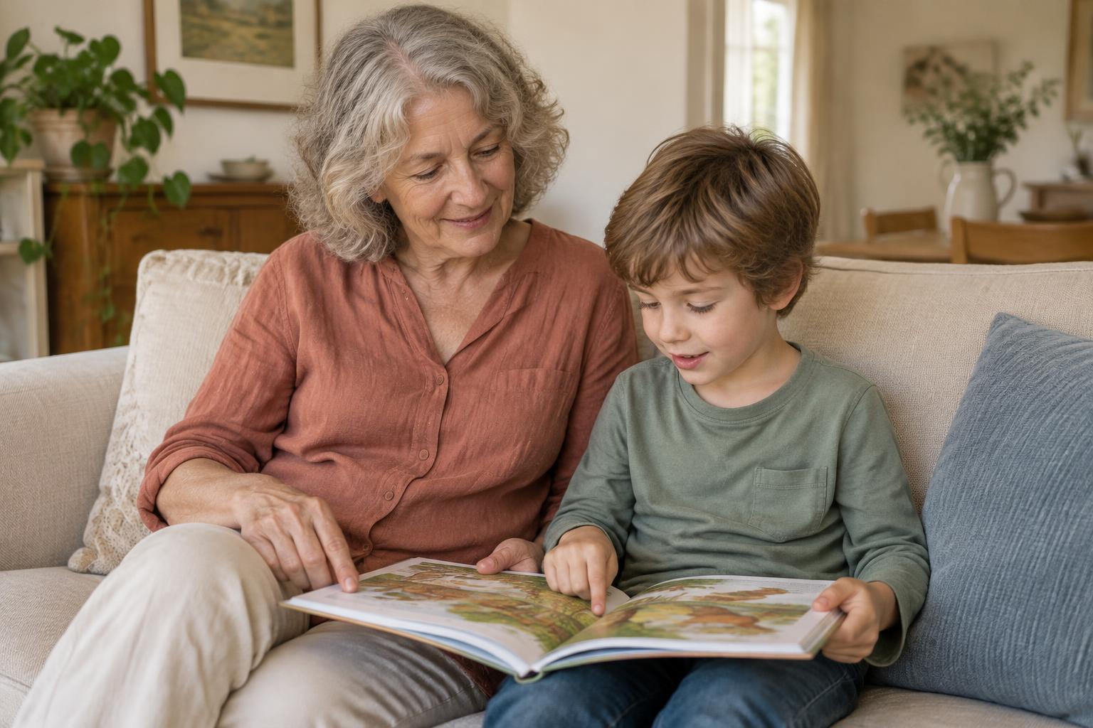 A grandma and child enjoy a quiet picture book together.