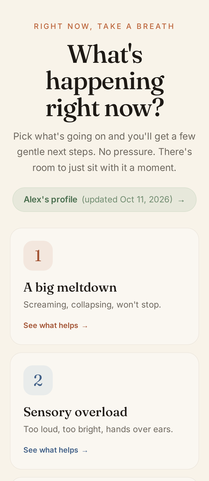 A screen titled What's happening right now? with large cards for A big meltdown and Sensory overload.